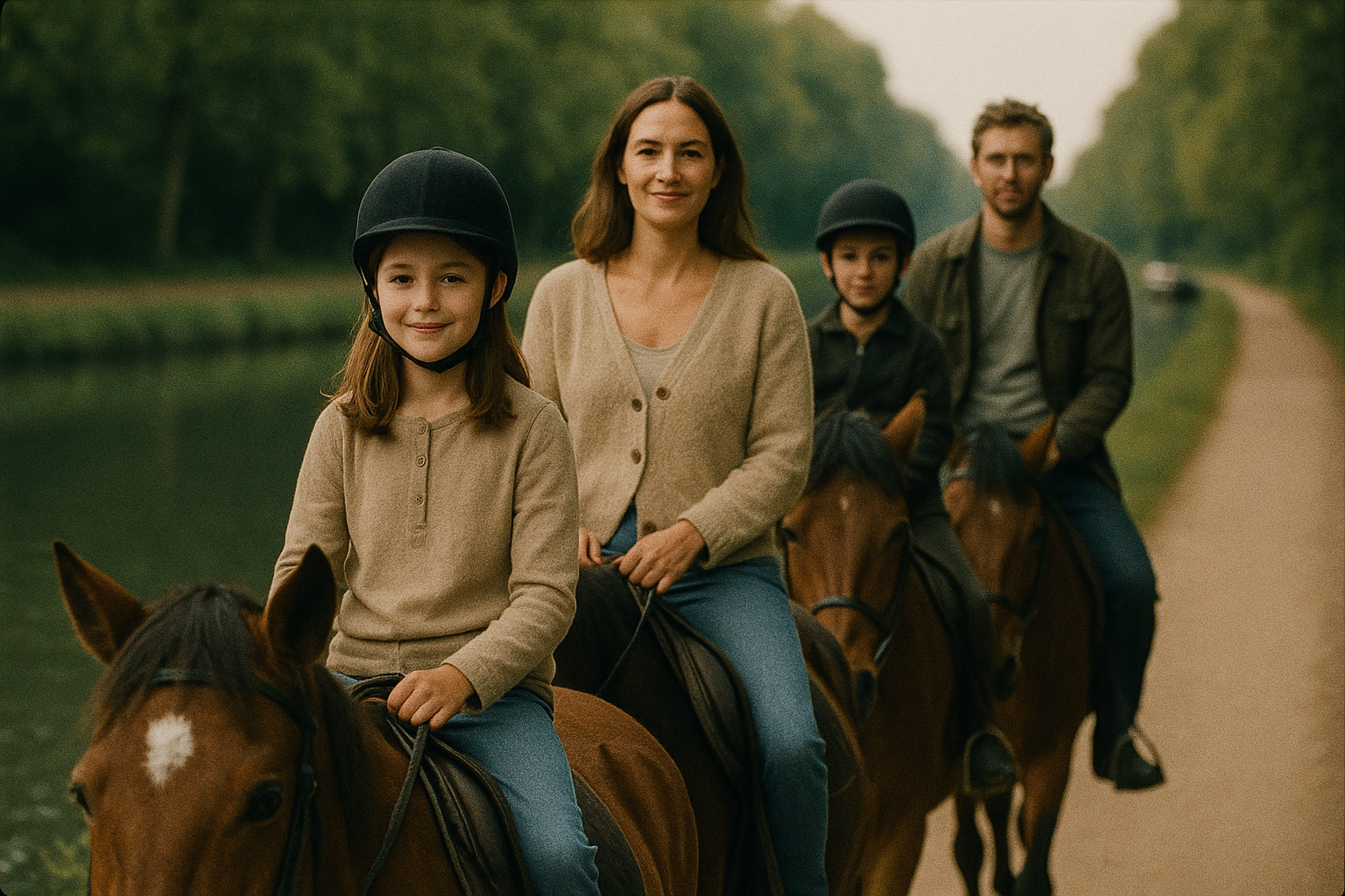 famille faisant une balade à cheval sur les bords de l'ourcq